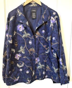Vtg Y2K Outbrook 100% Silk Blue Floral Jacket L Forest Fairy Cottagecore Artsy
